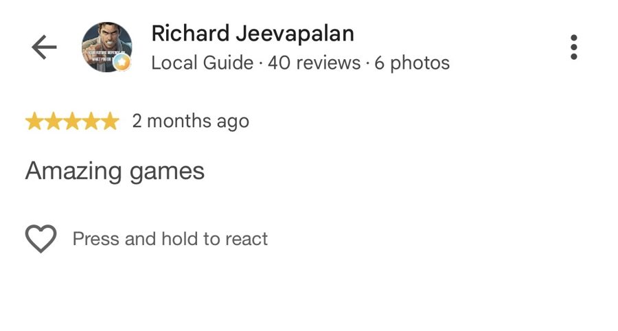 Five-star Google review from Richard Jeevapalan: Amazing games
