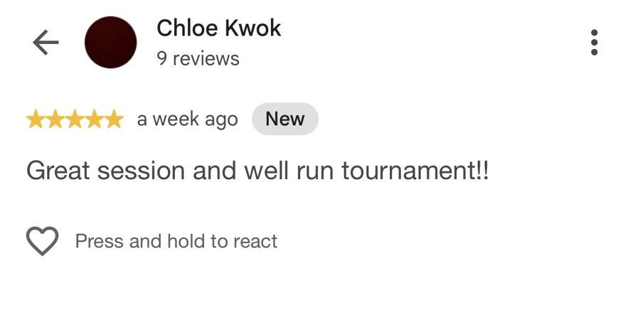 Five-star Google review from Chloe Kwok: Great session and well run tournament!!